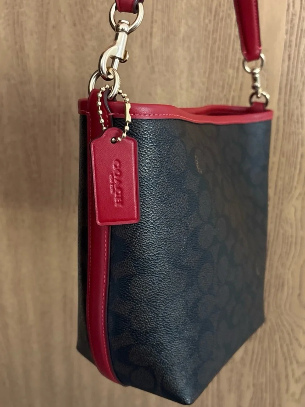 Coach City Bucket Bag Signature Canvas with Red Trim and Gold Hardware